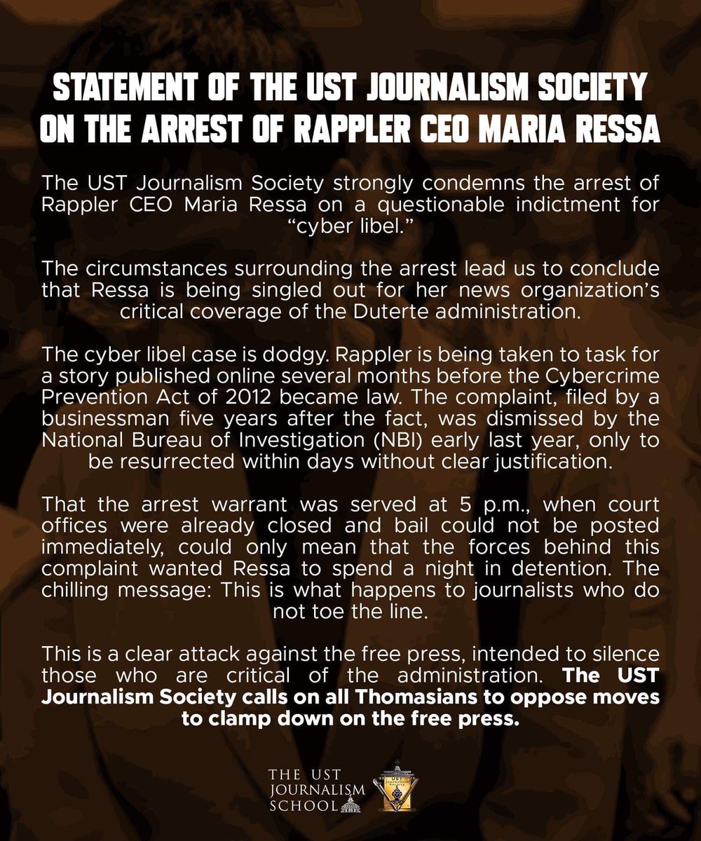 JournSoc condemns Rappler chief’s arrest