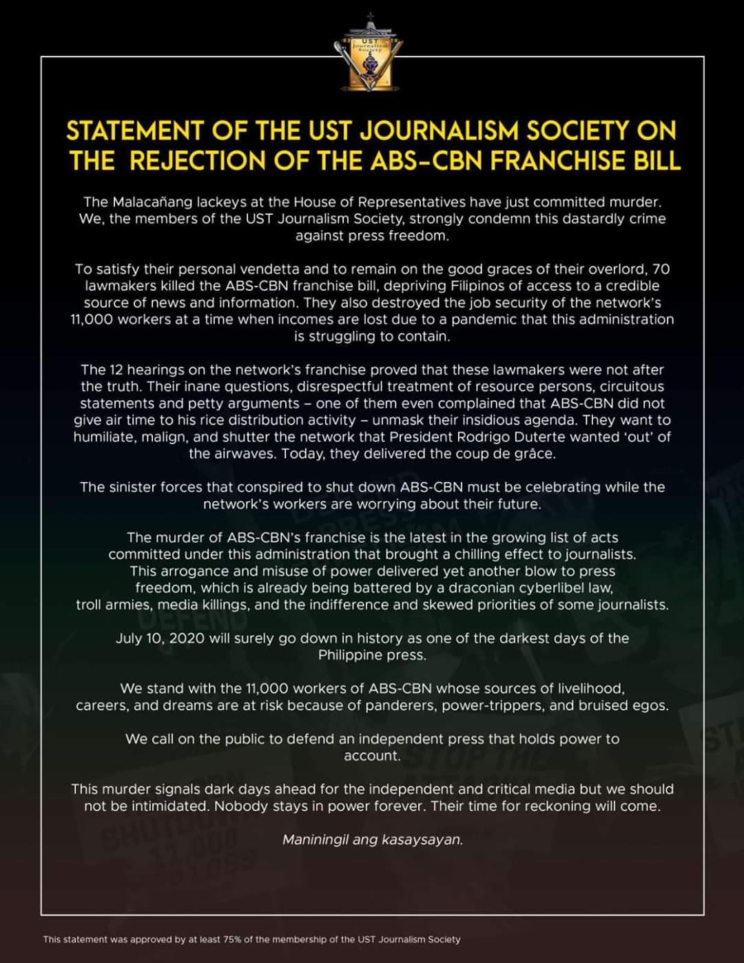 Journsoc condemns ABS-CBN franchise denial